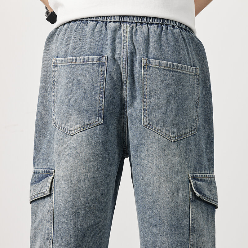 กางเกงยีนส์ขาตรงเอวยืดแบบลำลองสำหรับผู้ชายกางเกงสเวตเตอร์นุ่มแบบลำลองกางเกงเดนิมทรงแบ็กกี้วินเทจ