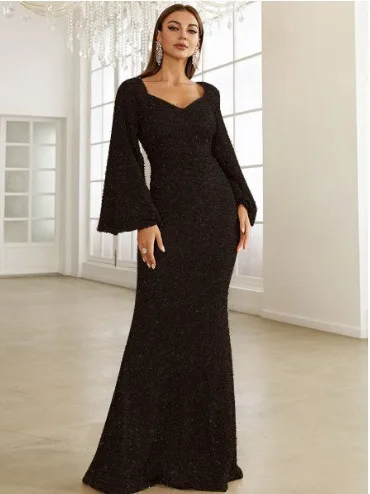 Женское облегающее длинное платье с круглым вырезом, обтягивающая бедра юбка с блестками со средней талией и расклешенными рукавами, длинное вечернее платье