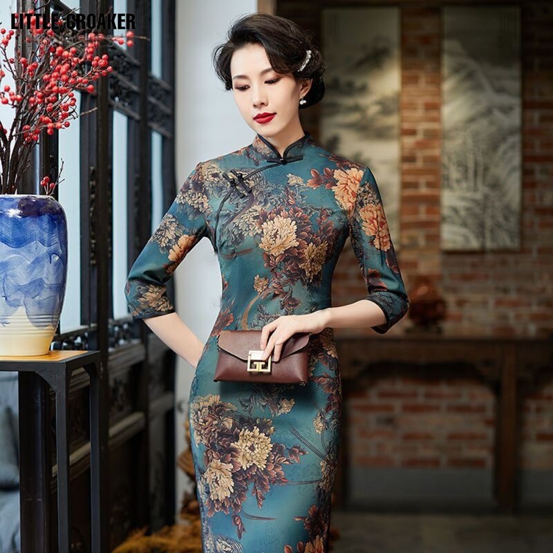 Damska chińska 2023 nowa Chinoiserie jesień Cheongsam Qipao zmodyfikowana długa sukienka Qipao długa zmodyfikowana w stylu Vintage
