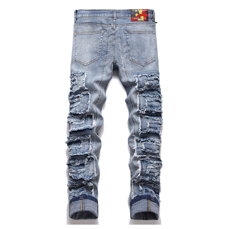 Mcikkny New Vintage Ripped Pleated Jeans Pants Patchwork Streetwear Stretch Denim Trousers For Male Hip Hop Straight