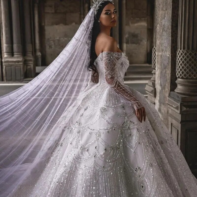 Luxury Crystal Sequins Lace Wedding Dresses Off Shoulder Beading Custom Made Bridal Gowns Vestidos De Novia