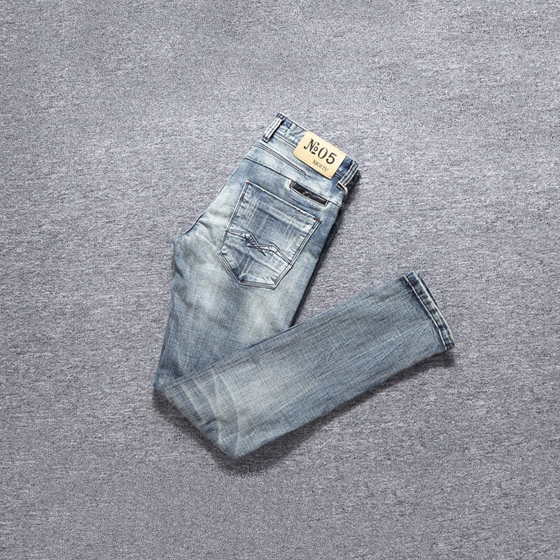 Jeans Pria Desainer Fashion Jeans Sobek Ketat Ramping Biru Abu-abu Retro Celana Denim Kasual Patchwork Vintage Elastis Pria Hombre