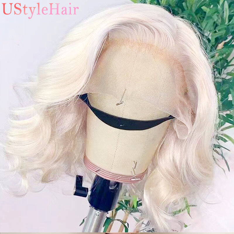 UStyleHair-Perruque Bob blonde platine pour femme, délié naturel, vague courte, perruque avant en dentelle synthétique, degré de chaleur 03 utilisé