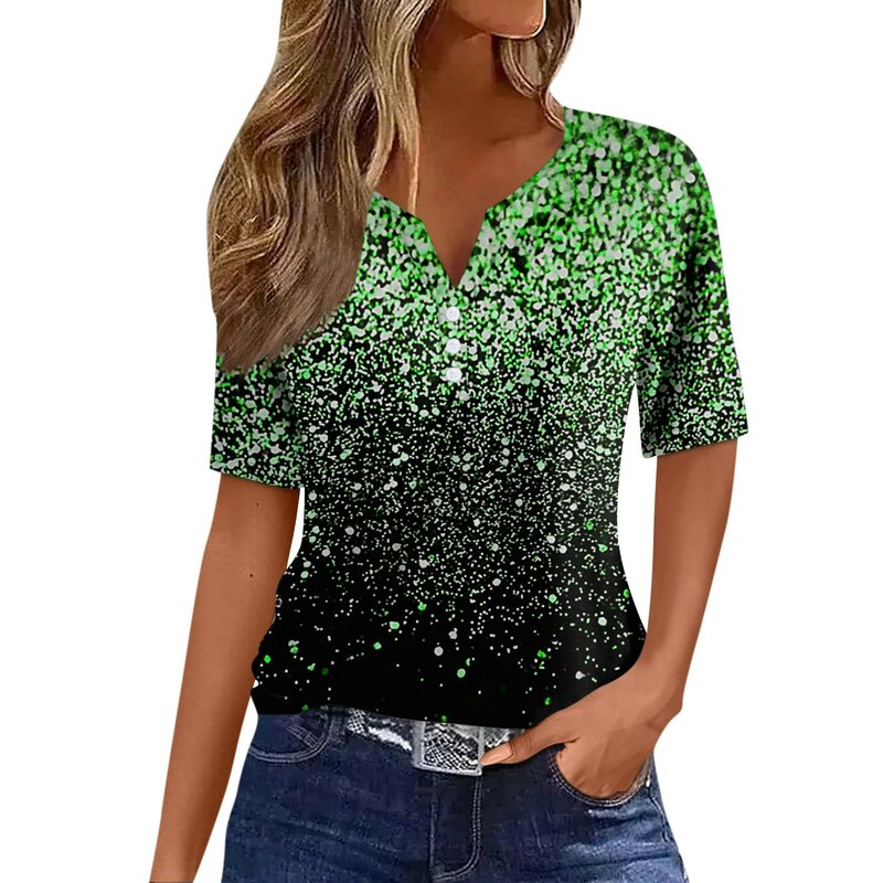 女性用半袖VネックTシャツ,トップス,カラーブロック,スプライシング,装飾ボタン,カジュアルファッション,2024