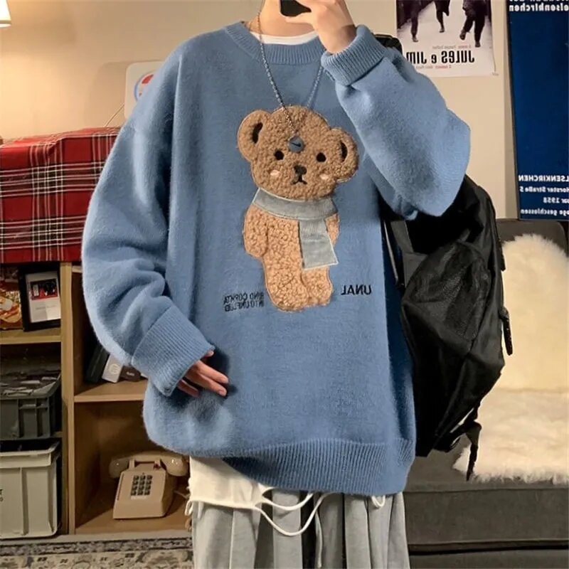 Deeptown koreański styl kreskówka nadruk niedźwiedzia sweter z dzianiny kobiet Kawaii Harajuku niebieski z długim rękawem sweter typu Oversize kobieta zima