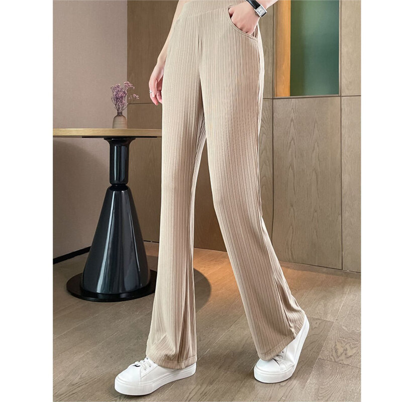 Women Casual Streetwear High Waist Straight Flare Pants Summer Korean Style Solid Pockets Wide Leg Trousers Female Clothing 2023