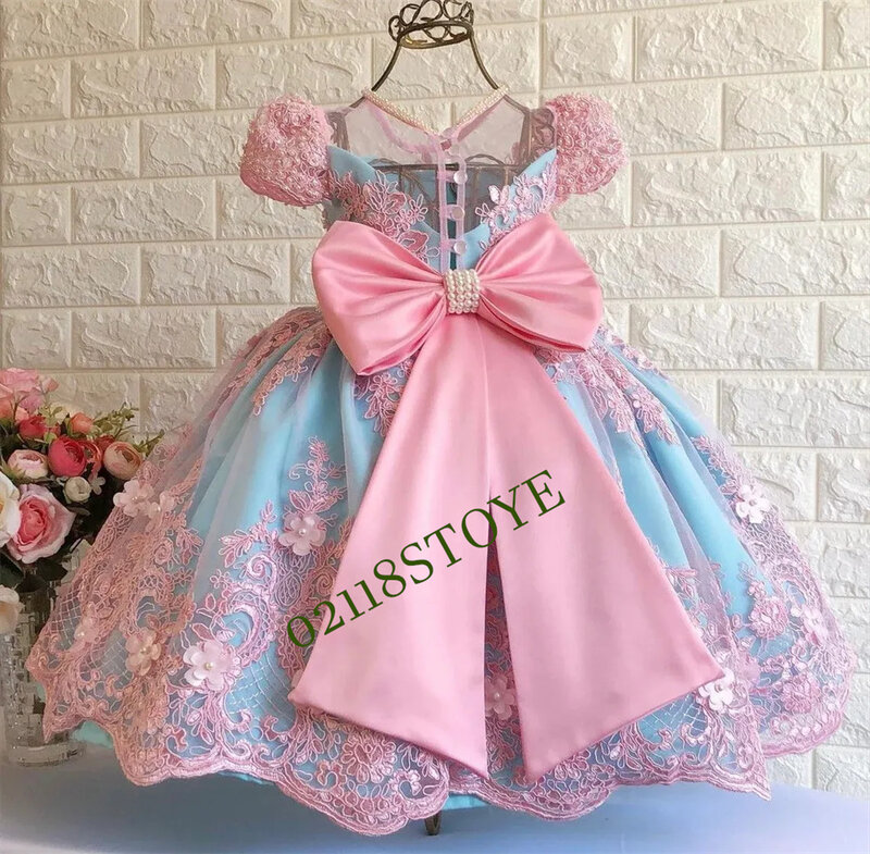 Flower Girl Dresses Tiered Lace Appliqued Birthday Pageant Gowns with Bow Beads Kids Wedding Guest Dresses