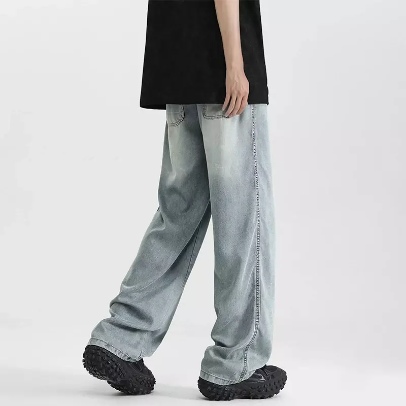 Летние мужские джинсы Lyocell из ткани, легкие мягкие супер свободные широкие брюки, повседневные спортивные брюки с эластичным поясом