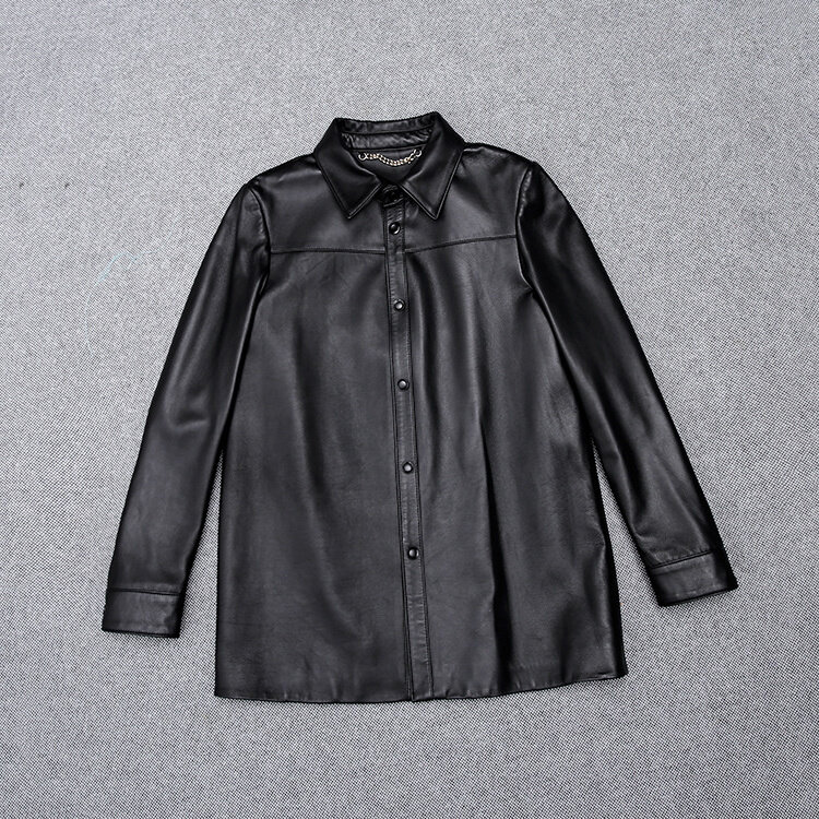 Ropa de piel auténtica con cuello de estilo minimalista, camisa informal de manga larga, abrigo, Top, otoño e invierno, 2024