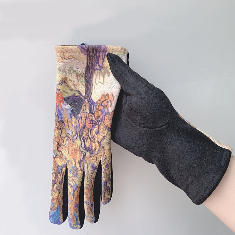 Guantes de pintura al óleo de Van Gogh para mujer, manoplas cálidas de dedo completo con estampado de moda, conducción de ciclismo, Invierno