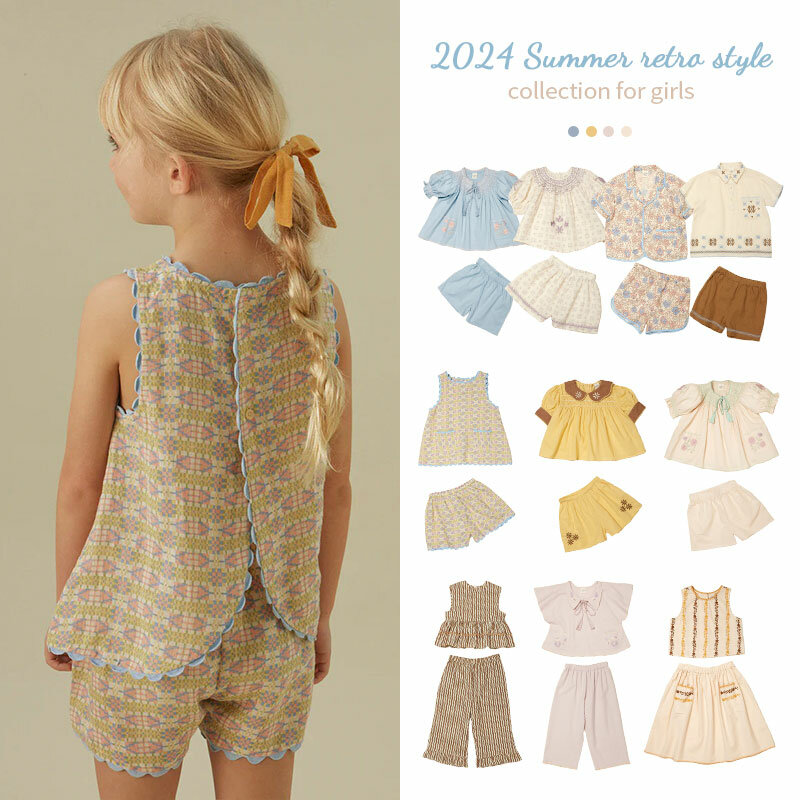 Nuovo 2024 APO coreano abbigliamento per bambini ragazza set per l'estate ricamo vestito per bambini abbigliamento per bambini di alta qualità Top set