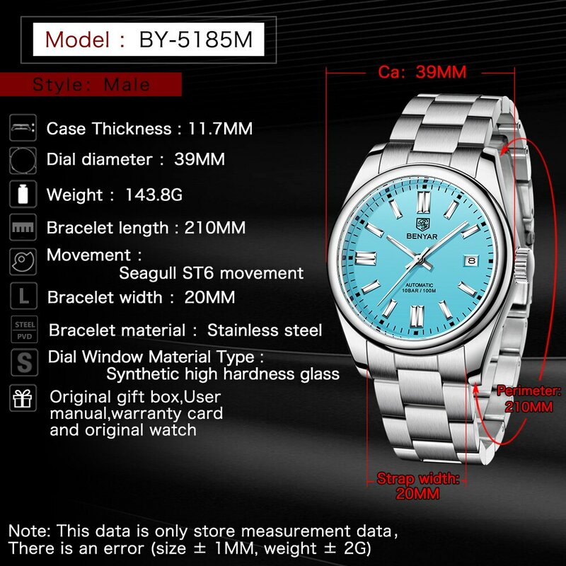 Benyar-Relógios de pulso mecânicos de luxo masculinos, 10Bar impermeável, relógio automático, aço inoxidável, esportes, mergulho, novo, 2022