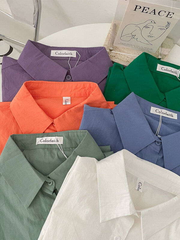 Colorfaith Nieuwe 2022 Chic Katoen En Linnen Koreaanse Mode Vrouwen Zomer Herfst Blouses Shirts Vintage Oversized Office Tops BL1315
