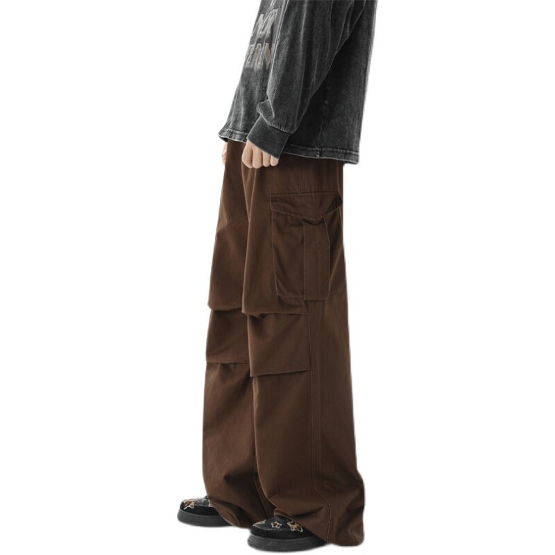 New Spring Men Amekaji Oversize Casual Wide Legs Cargo Pants Baggy American Causal Fashion Trousers Pure Cotton Pockets H110