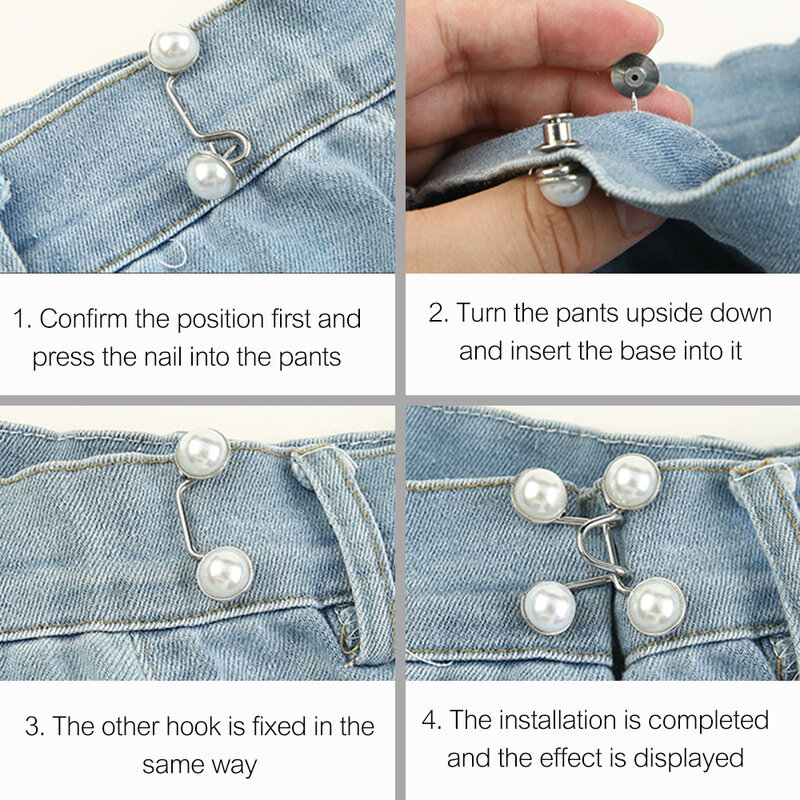 Jeans con strass di perle spille con bottoni pantaloni chiusura a scatto tenditore regolabile fibbia in vita abbigliamento fai da te Jeans bottoni senza cuciture