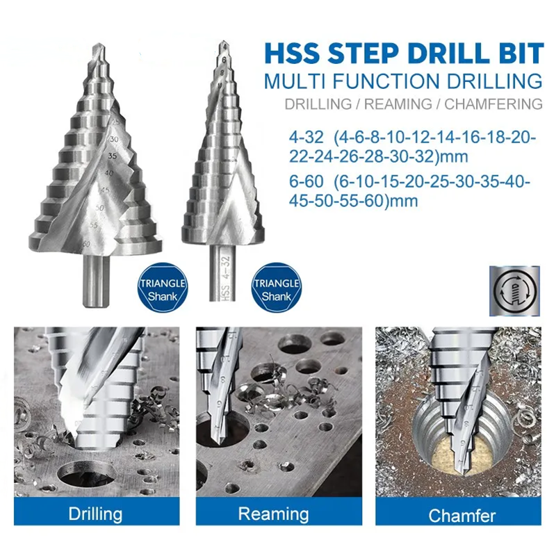Taladro de escalera con ranura en espiral, mango triangular HSS, 4-12, 4-20, 4-32, 6-60mm, utilizado para perforar agujeros en placas de acero de PVC, madera, etc
