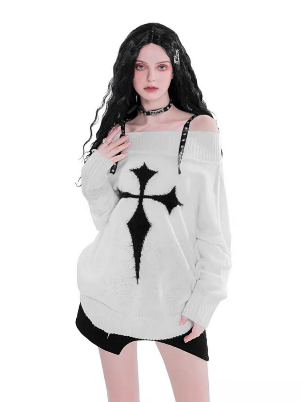 2022ฤดูใบไม้ร่วงแขนยาว Gothic Harajuku Punk เสื้อกันหนาวผู้หญิง Pullovers Y2k Goth Dark Grunge ปิดไหล่เสื้อถัก