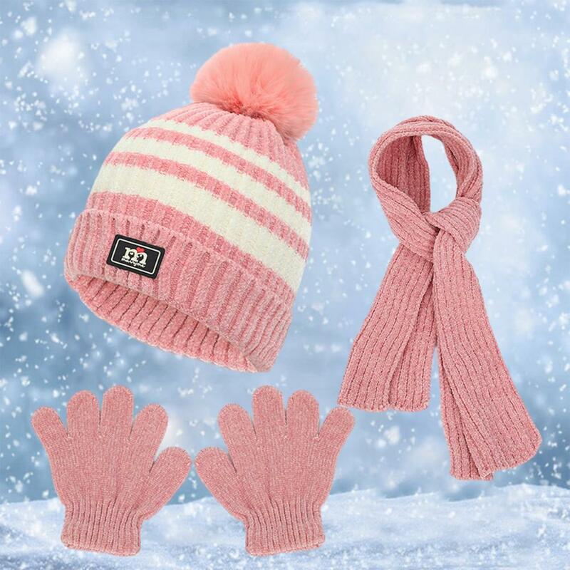 Ветрозащитная теплая шапка для малышей вязаная шапка с меховыми шариками теплая плотная вязаная шапка шарф перчатки Набор для мальчиков девочек осень
