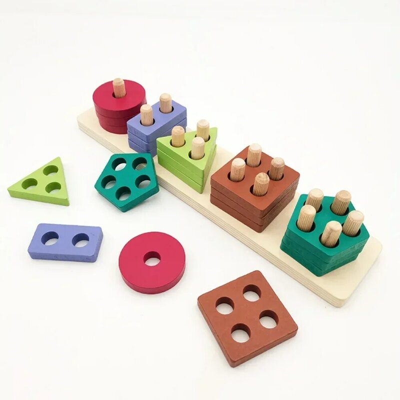 Montessori mainan kayu anak-anak blok bangunan geometris mainan susun pemilahan bentuk edukasi bayi penyortir warna hadiah Prasekolah