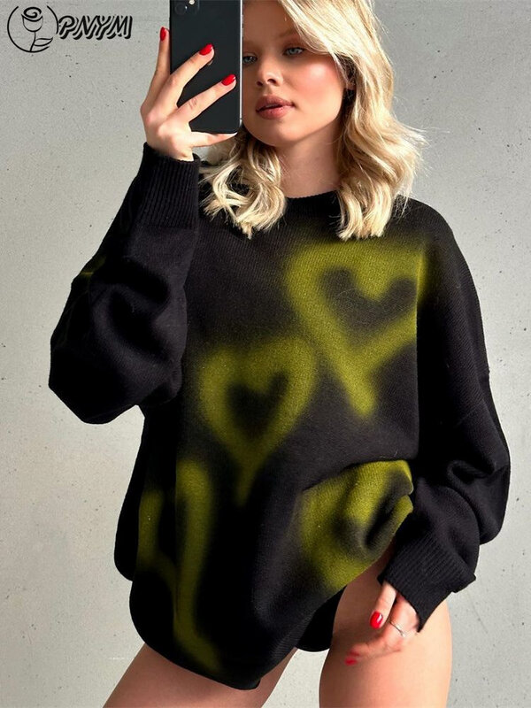 PNYM-suéter informal con degradado de corazón para mujer, ropa de calle Y2K, jerseys de manga larga de punto sueltos con cuello redondo, Tops de moda de otoño e invierno