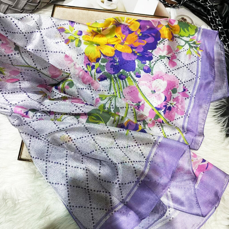 Purple 100% Silk Scarf Shawl Bufanda Women Spring Fall Fashion Floral Design Scarf hair Hijab Winter Long Scarves Wraps Bufanda