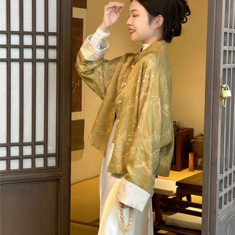 Новинка, улучшенное желтое закаленное холодное пальто в китайском национальном стиле для женщин