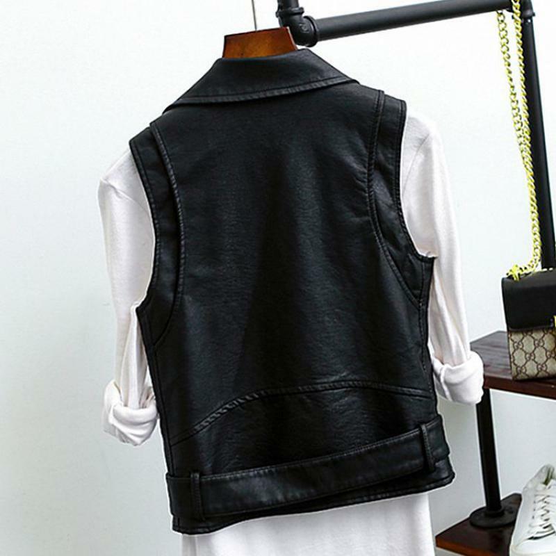 Hot Sale Black Sleeveless Pu Leather Jackets Winter Jacket Women Pu Belt Veste Motorcycle Jacket Waistcoat Vest Rivet Vests