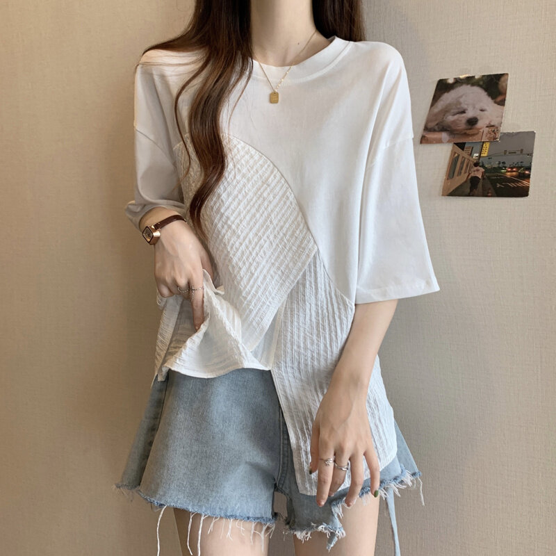 Summer New Round Neck Fashion Short Sleeve T-shirt Women High Street Casual Loose Pullovers Solid Color Pleated Asymmetrical Top