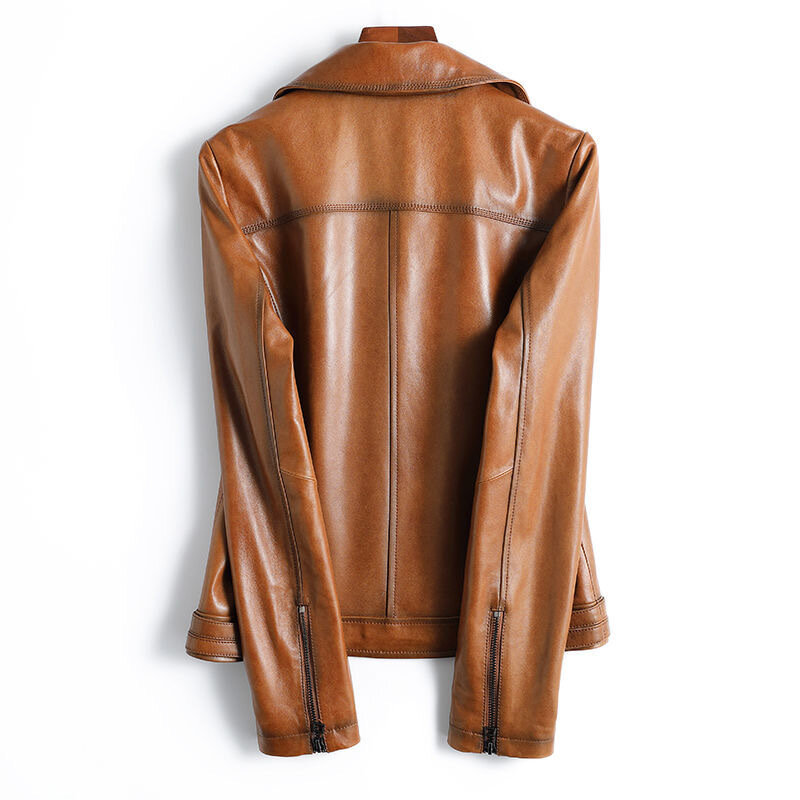 Jaqueta de couro de motocicleta slim fit colarinho curto casaco de pele de carneiro genuíno, nova primavera e outono