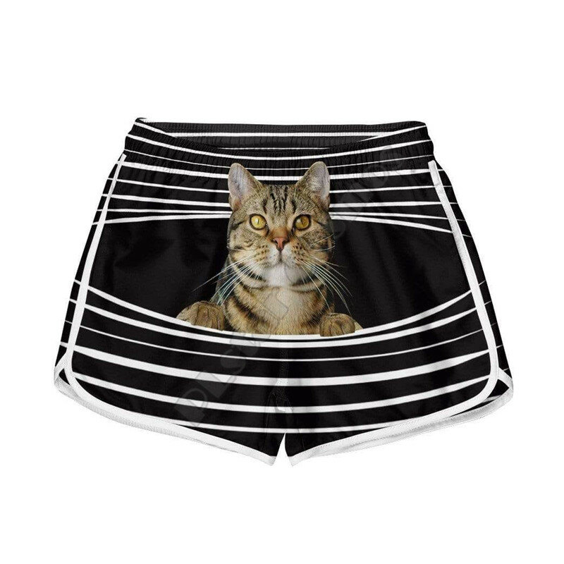 Tabby-고양이 줄무늬 수영 트렁크 3D 온통 인쇄 반바지 여성용, 여름 해변 반바지 탄성 허리 반바지
