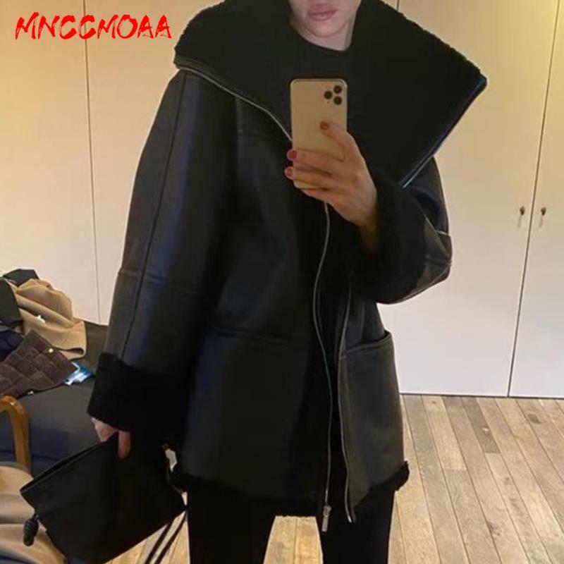 MNCCMOAA 2024 겨울 여성 패션 루즈 두꺼운 따뜻한 인조 가죽 재킷 코트, 캐주얼 긴 소매 지퍼 아우터