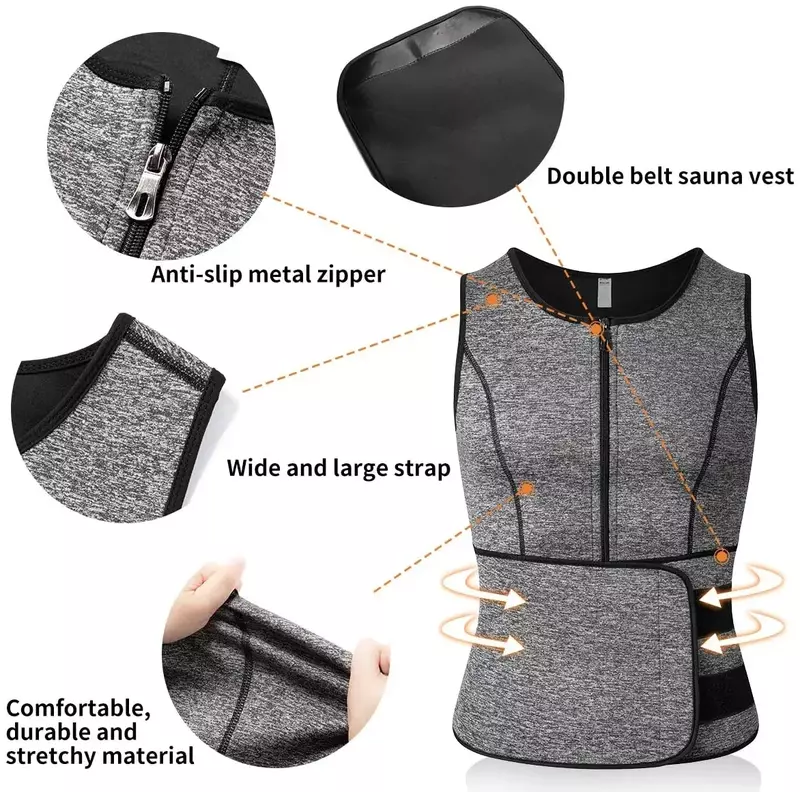Sauna dos homens suor Zipper Vest, Neoprene Espartilho, Waist Trainer, Shaper do corpo, Workout Tank Tops, Camisa de compressão