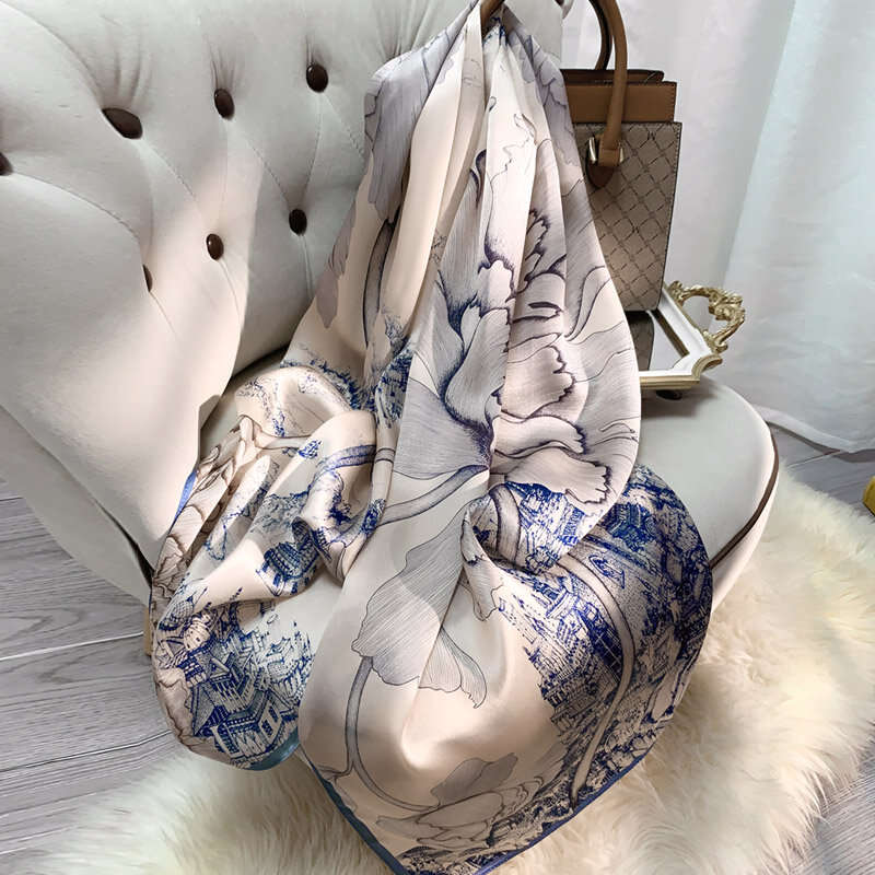 100% echt Silk Schals Kopf Schal Frauen Gedruckt Hangzhou Natürliche Seide Lange Schals Sommer Luxus Design Reiner Seide Foulard Femme