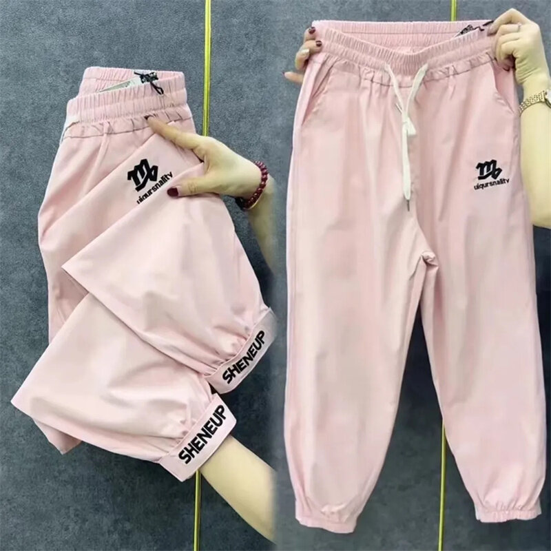 Pantalones bombachos con bordado para mujer, Pantalón deportivo de secado rápido, cintura elástica, informal, novedad de verano, 2024