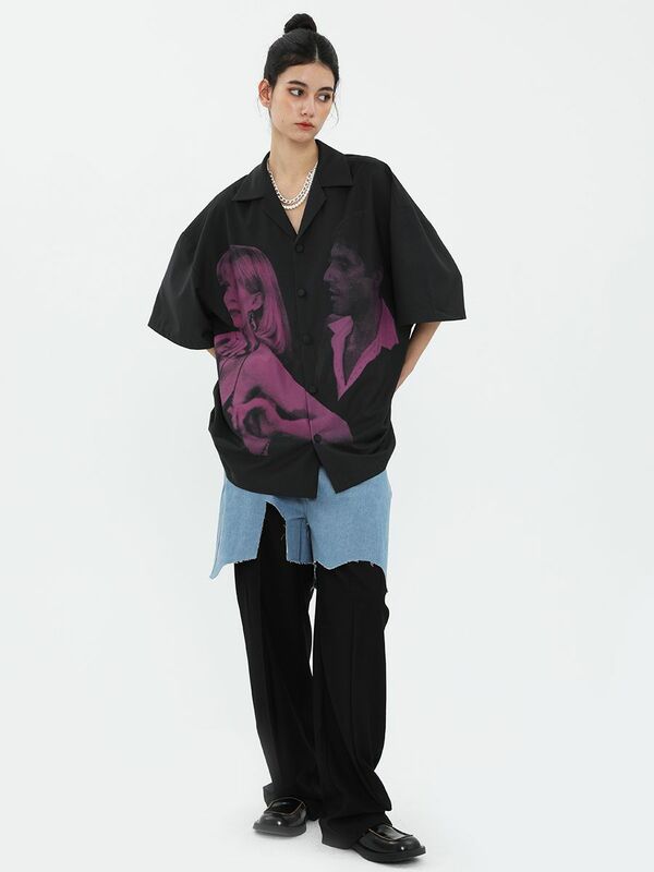 American retro elegant design sense trendy Scarface movie themed portrait print short-sleeved floral blouse  men clothing  y2k
