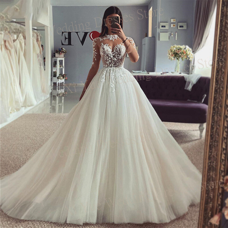Wdzięczne wykwintne suknie ślubne z okrągłym dekoltem koronkowe aplikacje suknie ślubne z prosty długi rękawem sukienki na zamówienie Novias Boda