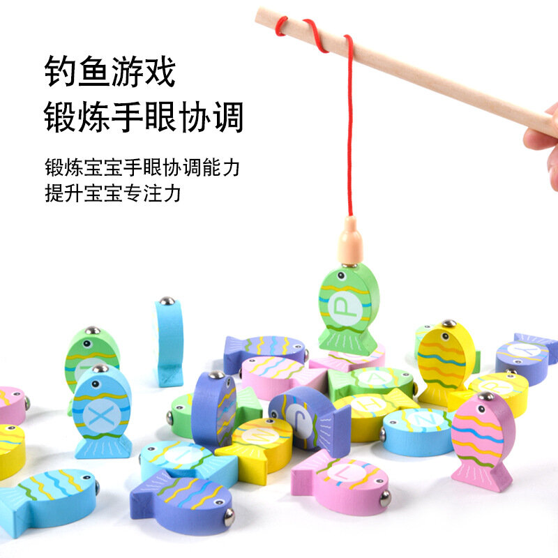 Drewniany alfabet numeryczny kognitywna wczesna edukacja magnetyczna zabawki wędkarskie rodzic-gry dla dzieci dla chłopców i dziewcząt