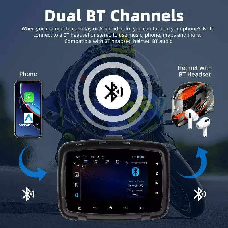 GPS 네비게이션 모니터, 무선 카플레이, 안드로이드 자동 MP5 스마트 스크린 플레이어, 듀얼 블루투스, 5 인치, 안드로이드 13, 오토바이, 2G, 32G