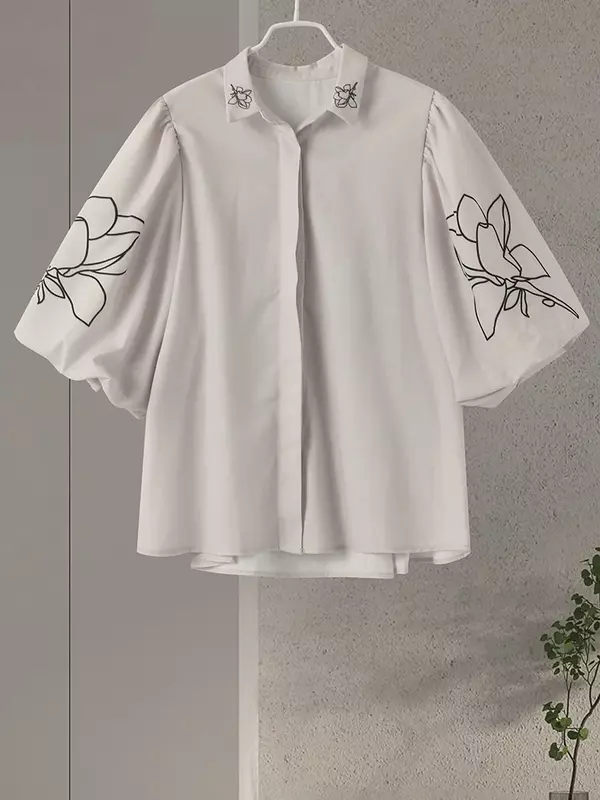 Conjunto feminino de calças de linho de algodão estampado, manga grande com lanterna, top de lapela, calça com renda para perna larga, terno primavera, 2021