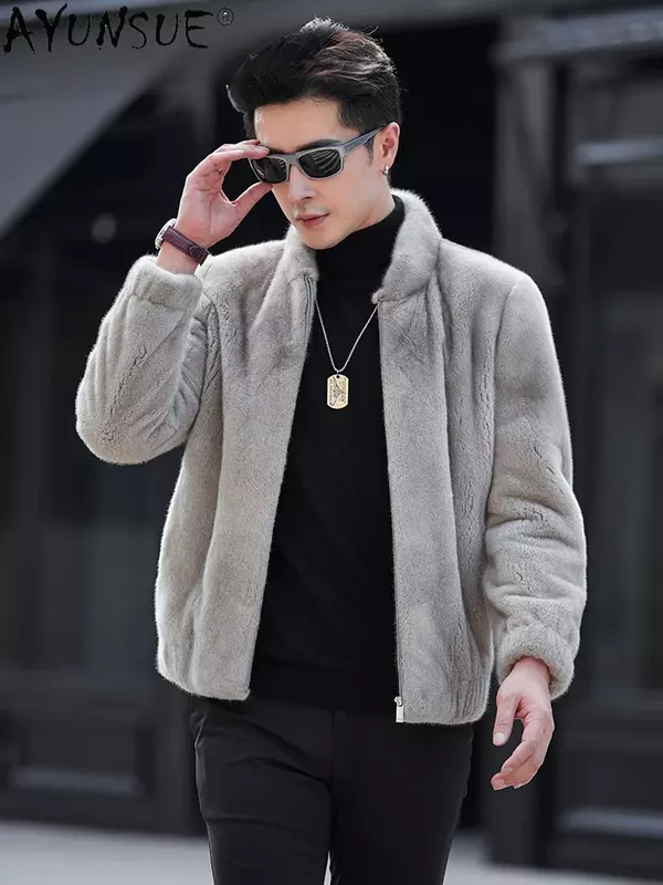 AYUNSUE-casaco de pele real para homens, casacos luxuosos de vison, casaco natural de vison, inverno