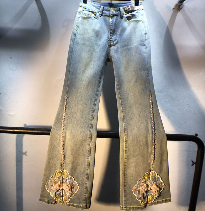 Jeans azul reto para mulheres, estilo chinês, bordado, miçanga dividida, calças lare, tudo combina, cintura alta, casual, novo, primavera, 2022