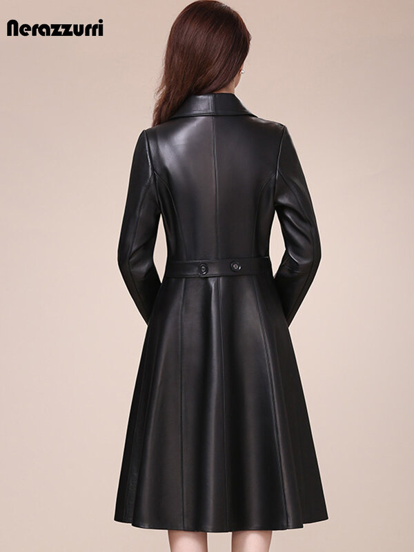 Nerazzurri-abrigo largo de piel sintética para mujer, chaqueta ajustada de manga larga con botones, color negro, elegante, para primavera y otoño, 2021