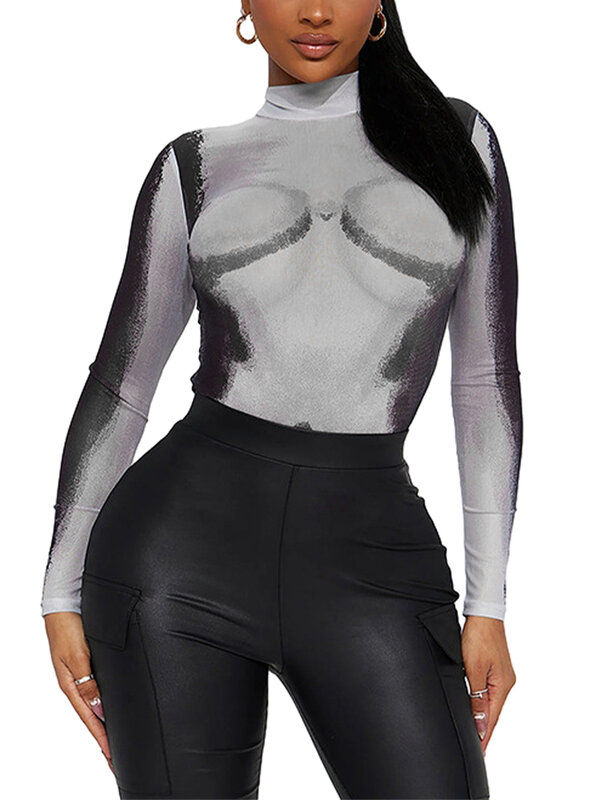 Frauen y2k Vintage Overall Grunge Grafik druck Langarm High Neck Bodycon transparente Mesh Bodysuit Streetwear