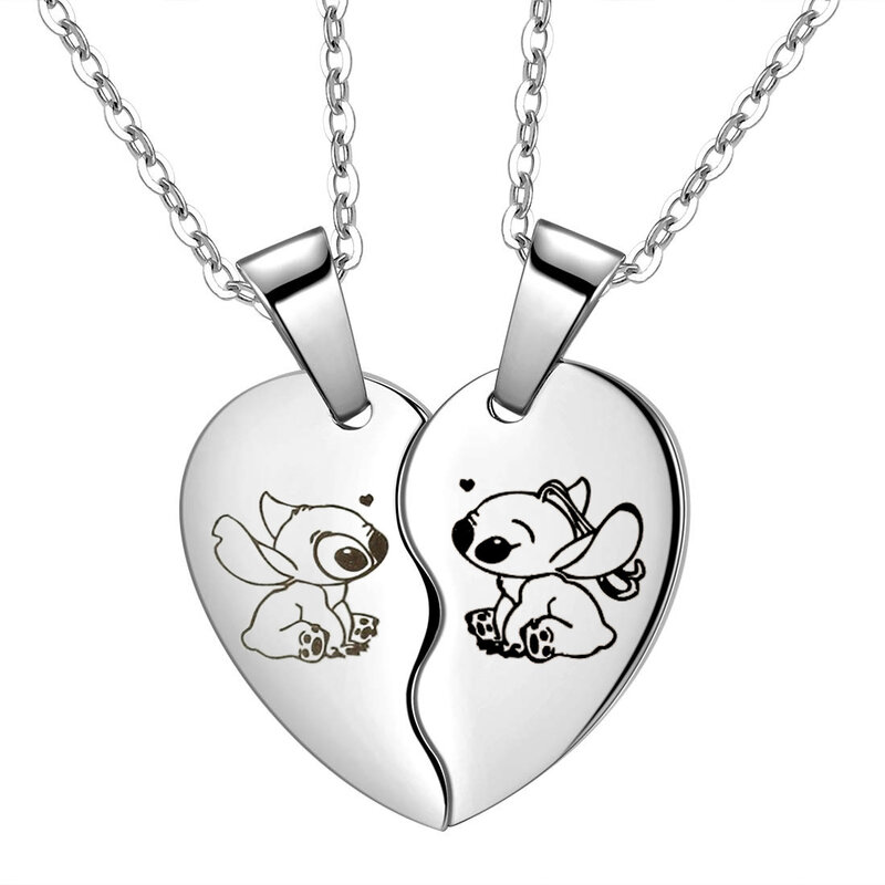 Disney Lilo & Stitch collana cuciture in acciaio inossidabile Cute Figure Stitch Heart Pendant Neck Chain Lovers Jewelry