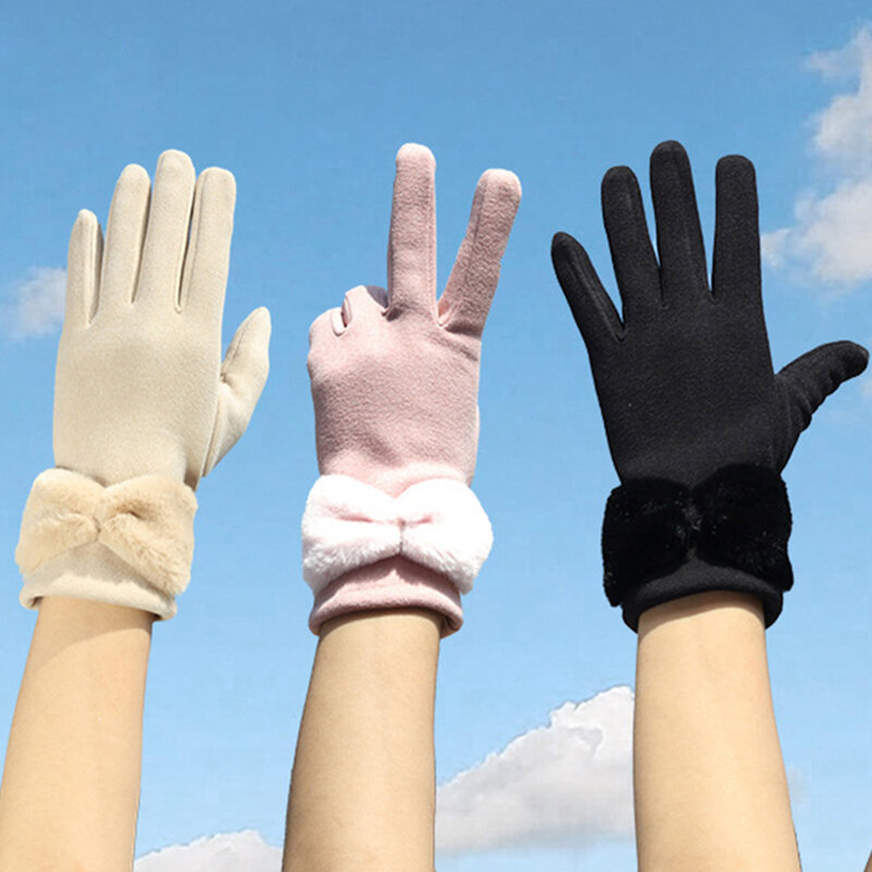 Pluszowa kokarda-węzeł rękawiczki do ekranu dotykowego na świeżym powietrzu sportowe rękawice rowerowe modne śliczne antypoślizgowe puchate rękawiczki z kaszmiru