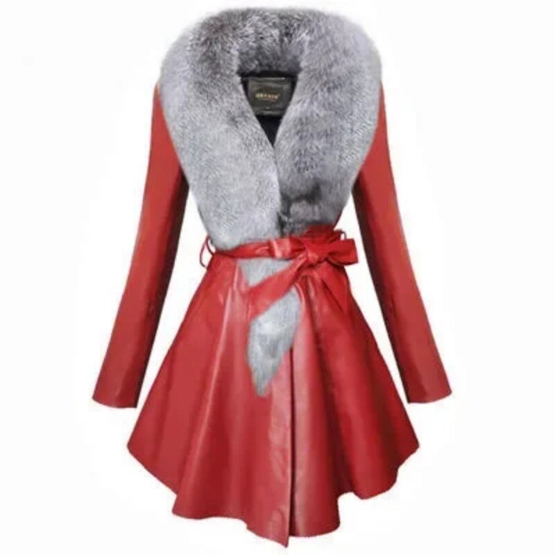 Mantel bulu palsu untuk wanita, mantel kulit domba warna polos kerah rubah pengencang jepret s2024 baru E95 musim dingin untuk wanita