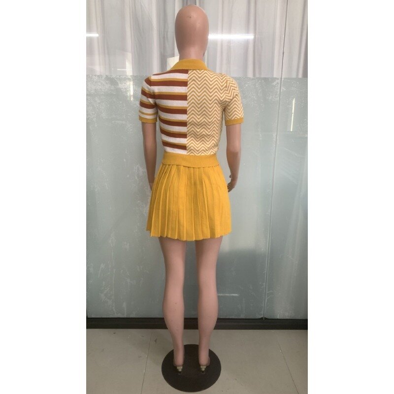 Knitted Color Patchwork Slim 2 Piece Set Women Turn Down Collar Short Sleeve Crop Top High Waist Pleated Skirt Casual Streetwear