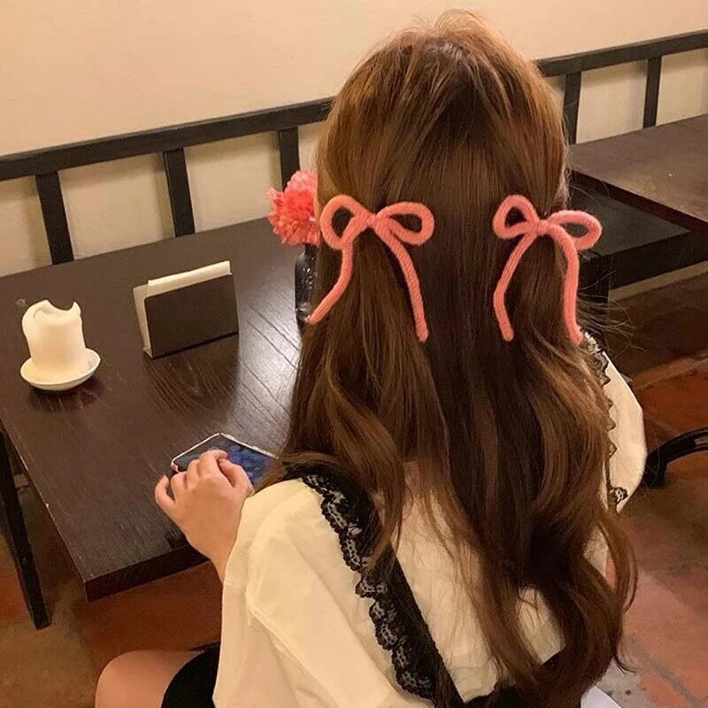 Fita de malha Bowknot Hair Clip para mulheres, doce ornamento vermelho, acessórios para cabelo coreano, Girls 'Candy Color Bangs Clip, Headdress