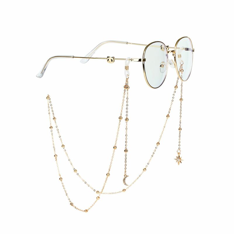 Fashion kacamata rantai wanita, kacamata hitam manik-manik mutiara bintang berongga, kacamata membaca Lanyard pemegang tali leher