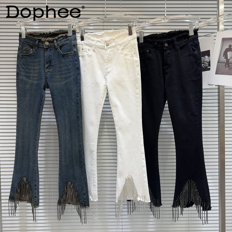 Calça jeans feminina pesada com borla, cintura alta fina, cintura alta fina, primavera, verão, nova, menina quente, 2024